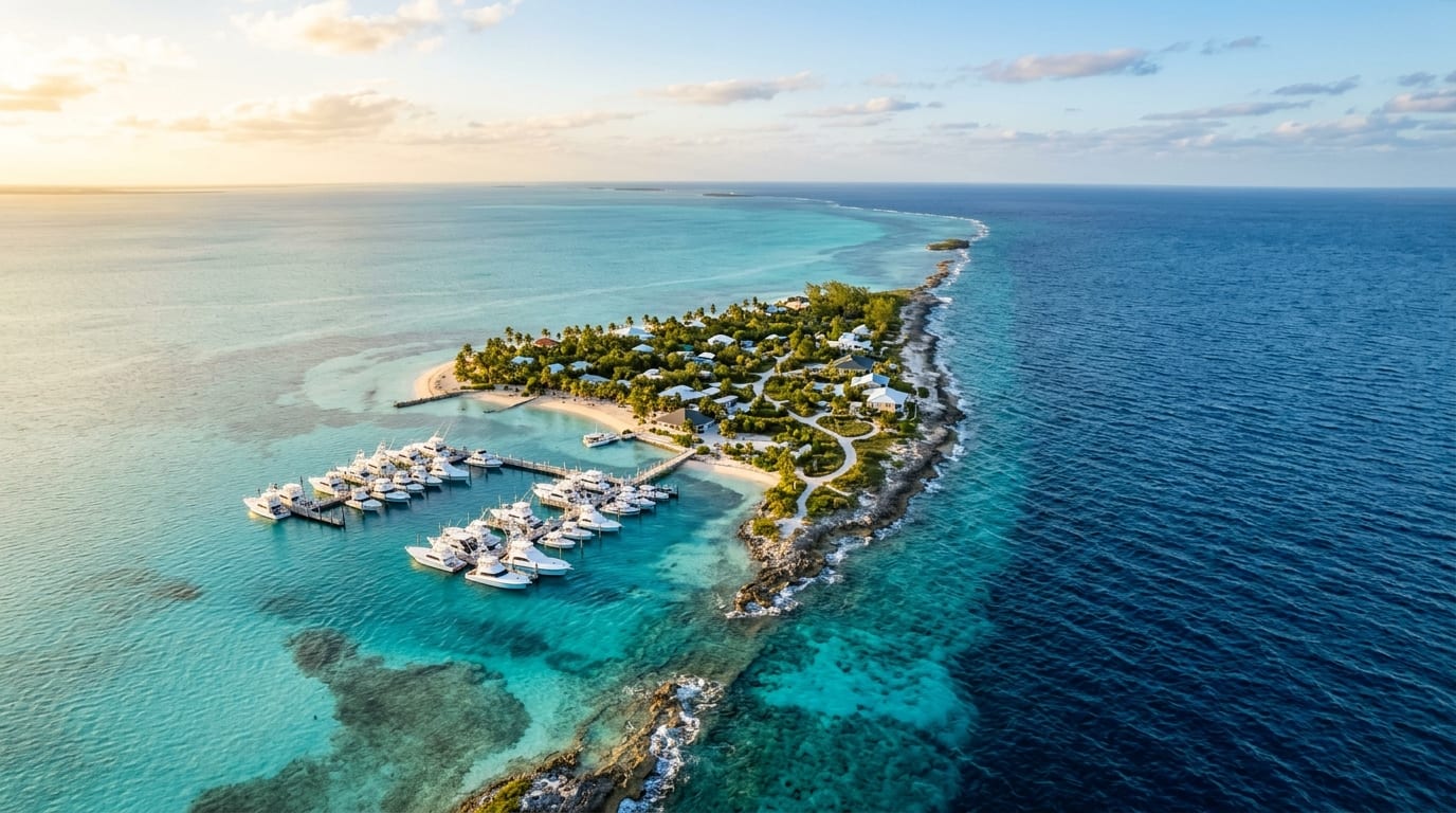 Aerial view of Walker's Cay showing the marina and surrounding turquoise waters where the shallow Little Bahama Bank meets the deep blue Atlantic Ocean