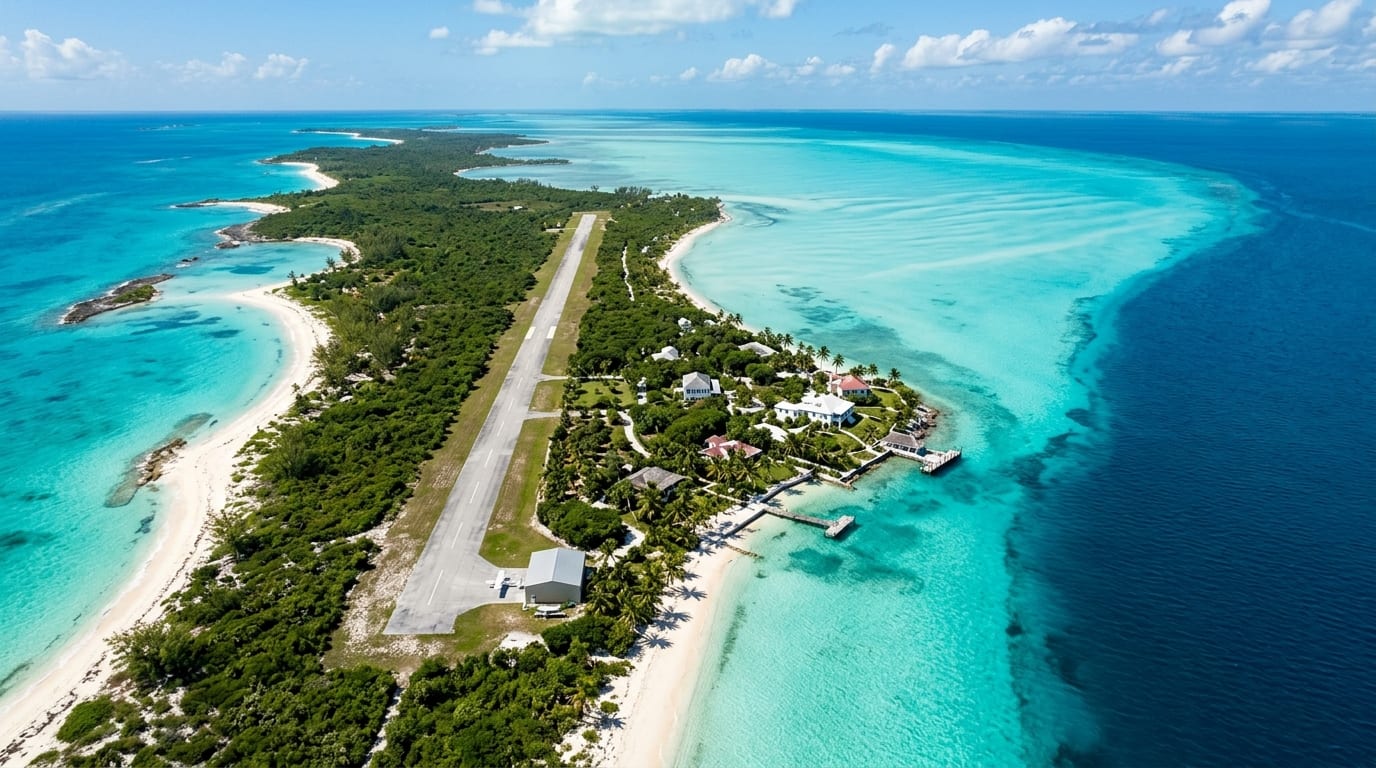 Aerial view of Whale Cay private island in the Berry Islands Bahamas showing airstrip and historic estate