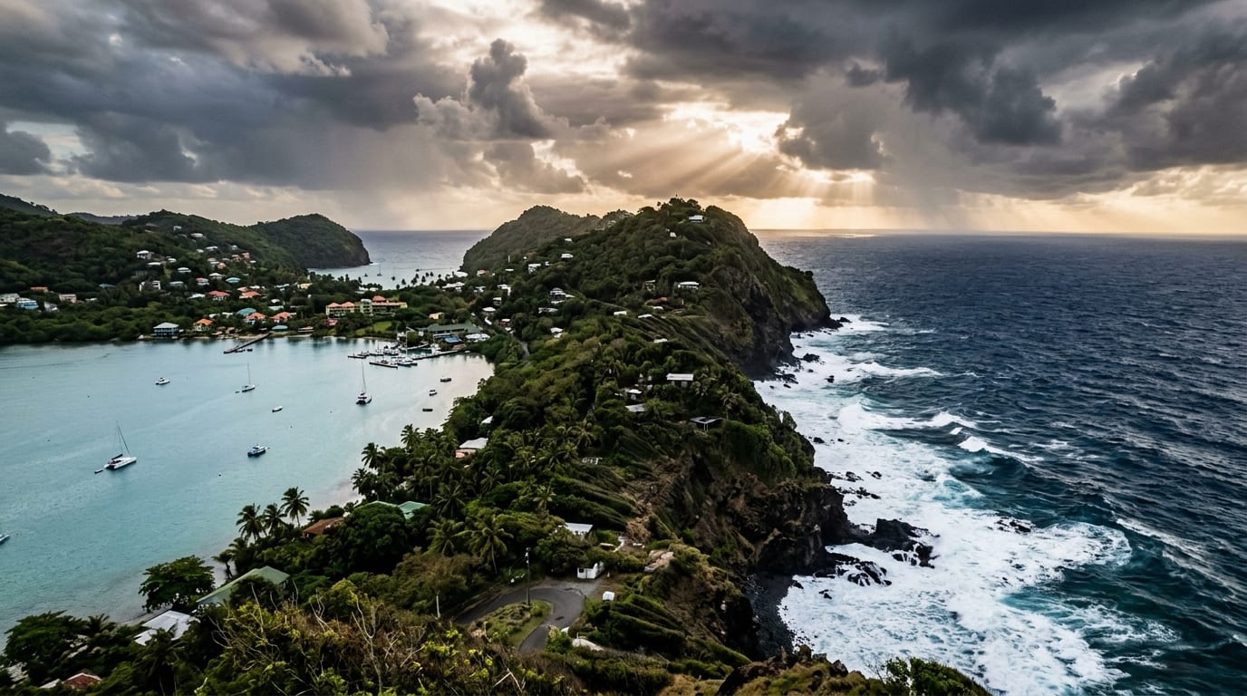 View from Whale Point peninsula showing dark Atlantic waves crashing on rocky shores with calm turquoise harbour water visible on the opposite side