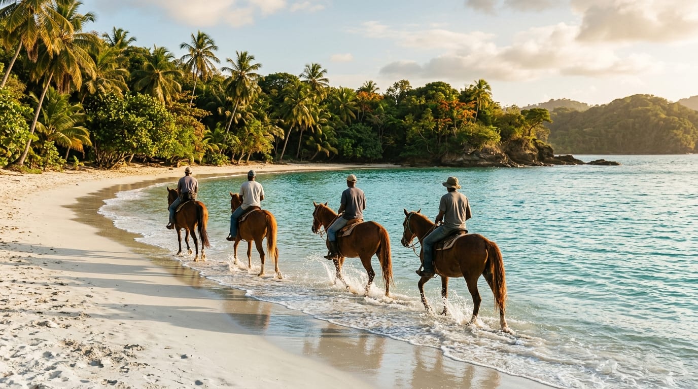 Horses walking along the waterline on William's Town Beach with white sand, turquoise water, and palm trees in the background