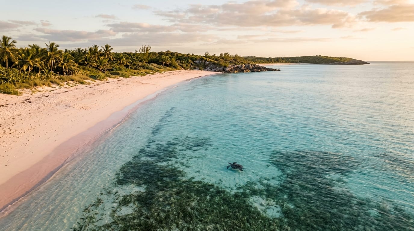 Long stretch of pink sand at Winding Bay Beach with calm turquoise water and a hawksbill turtle visible in the shallows