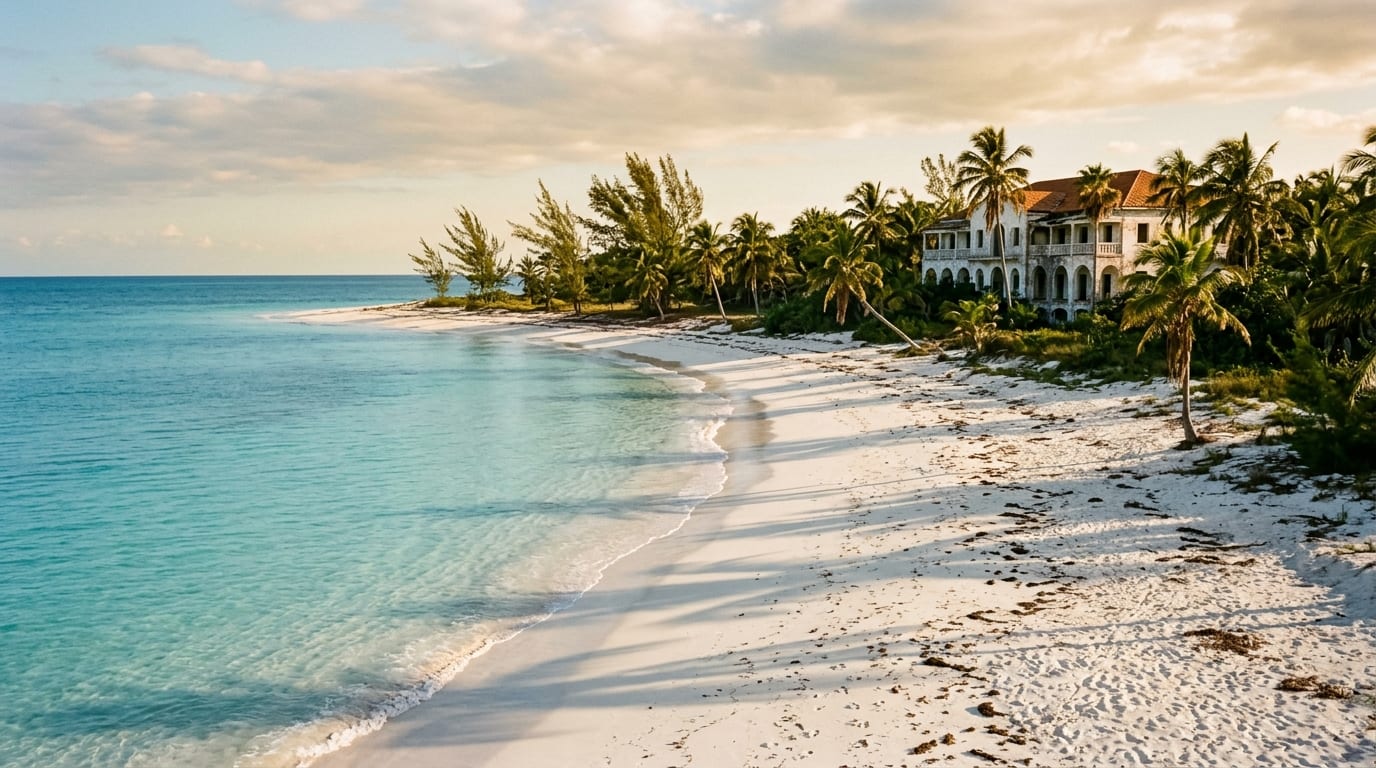 Secluded white sand beach at Xanadu with calm turquoise water and the abandoned resort building visible through palm trees in the background