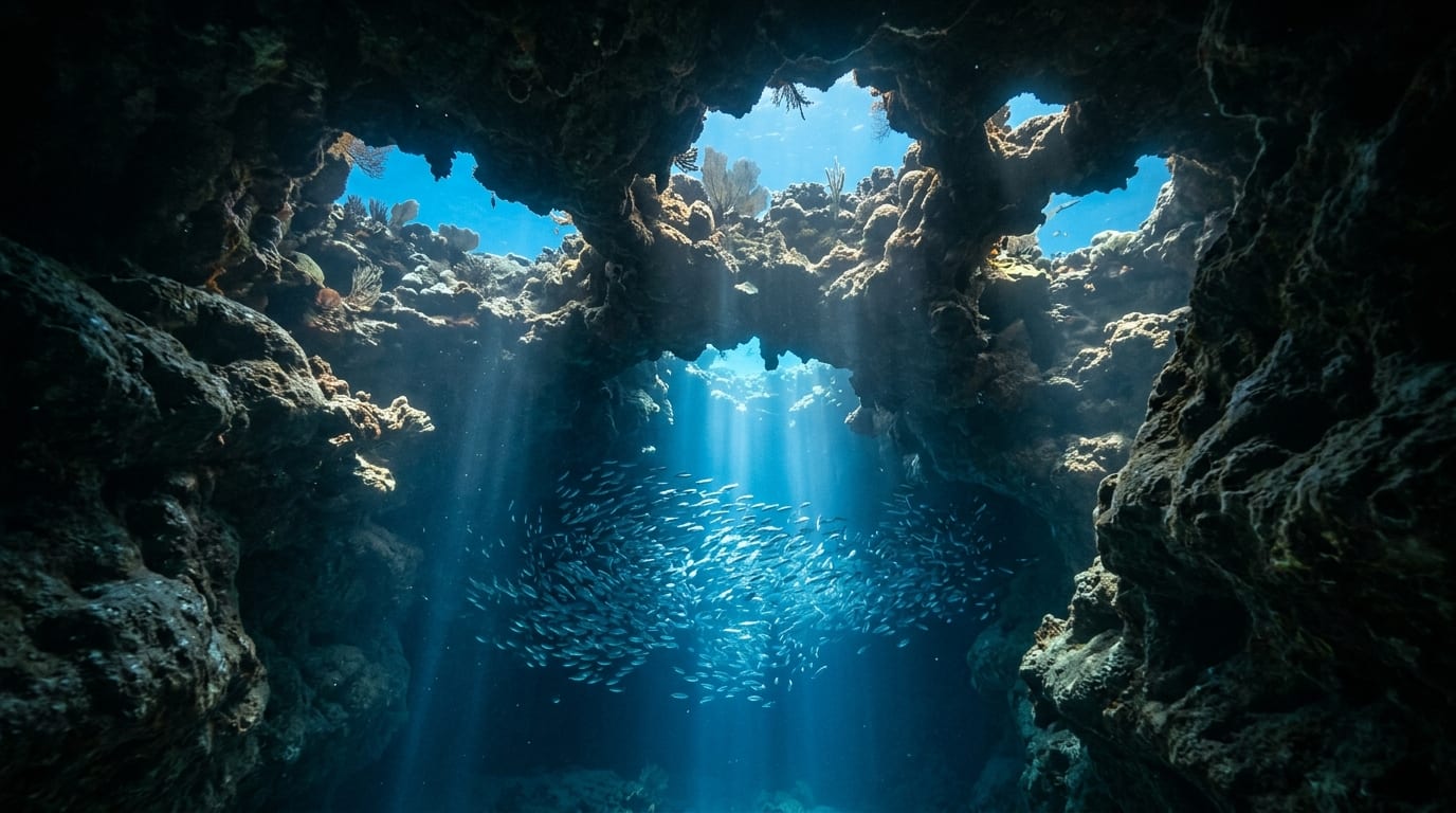 View looking upward from inside Alec's Caverns oceanic blue hole in Andros Bahamas showing natural light windows in the reef above