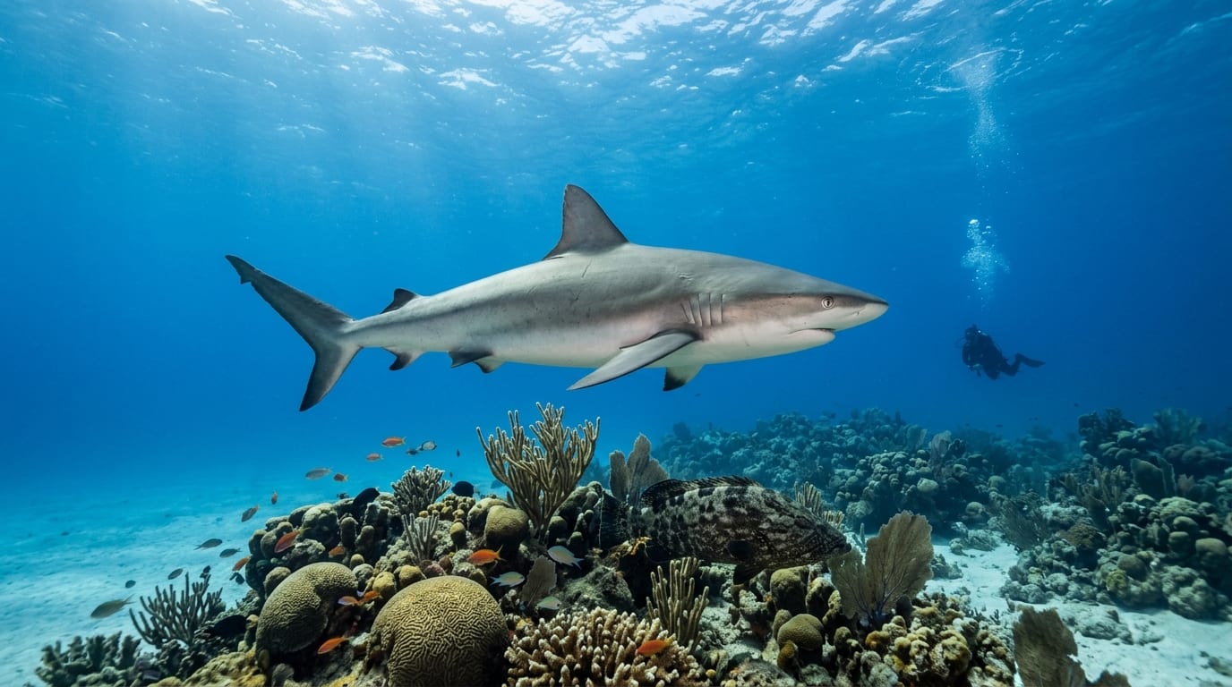 Caribbean reef shark swimming past a diver at Amberjack Reef with large grouper visible in the background