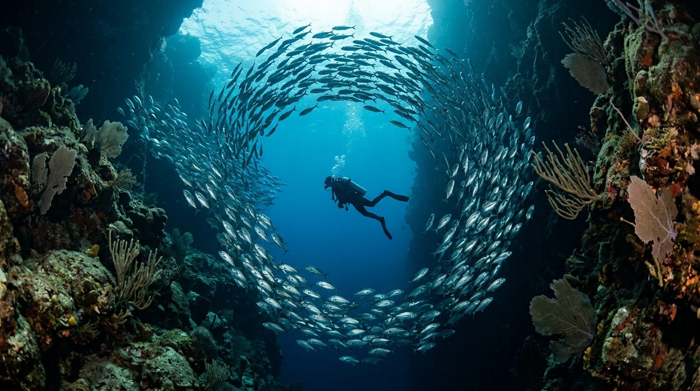 Diver descending into Angelfish Blue Hole with schools of horse-eye jacks spiraling in the sapphire blue water
