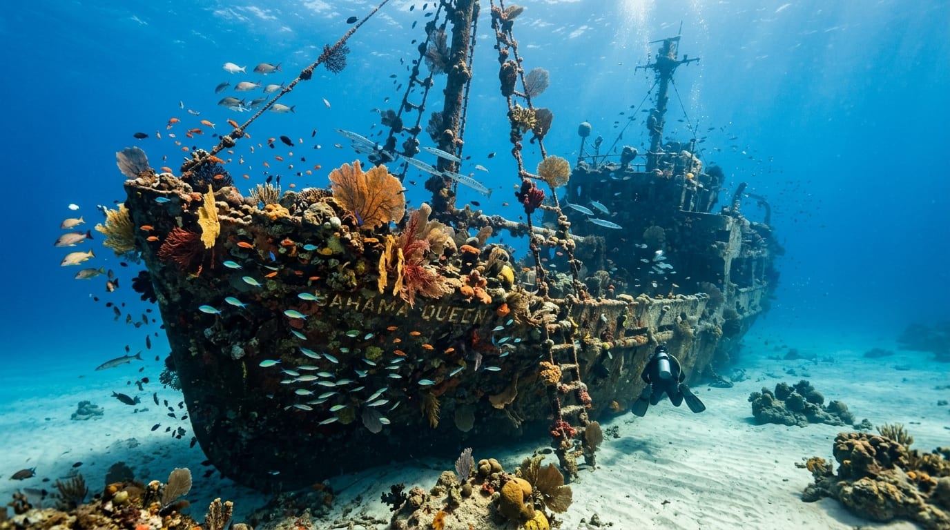 The Austin Smith wreck covered in coral and sea fans with schools of fish swimming around the intact superstructure in clear Exuma water