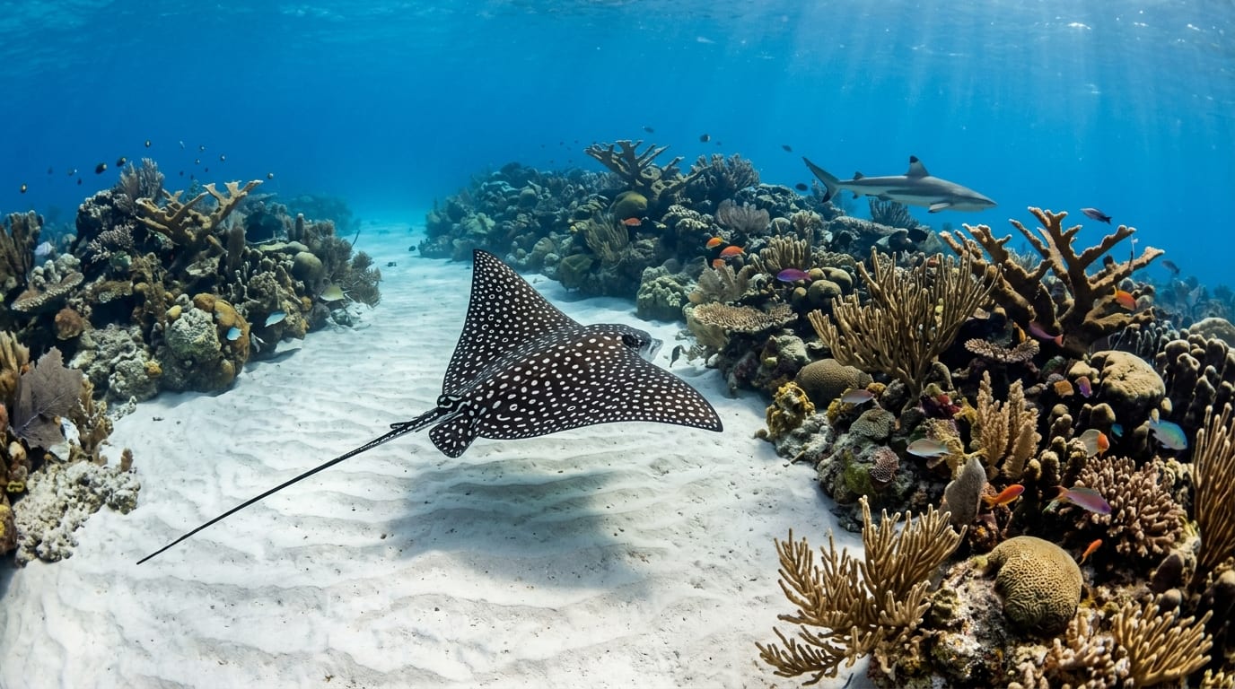 Spotted eagle ray gliding over sandy channel at Baker's Reef with coral formations and blacktip shark visible in background