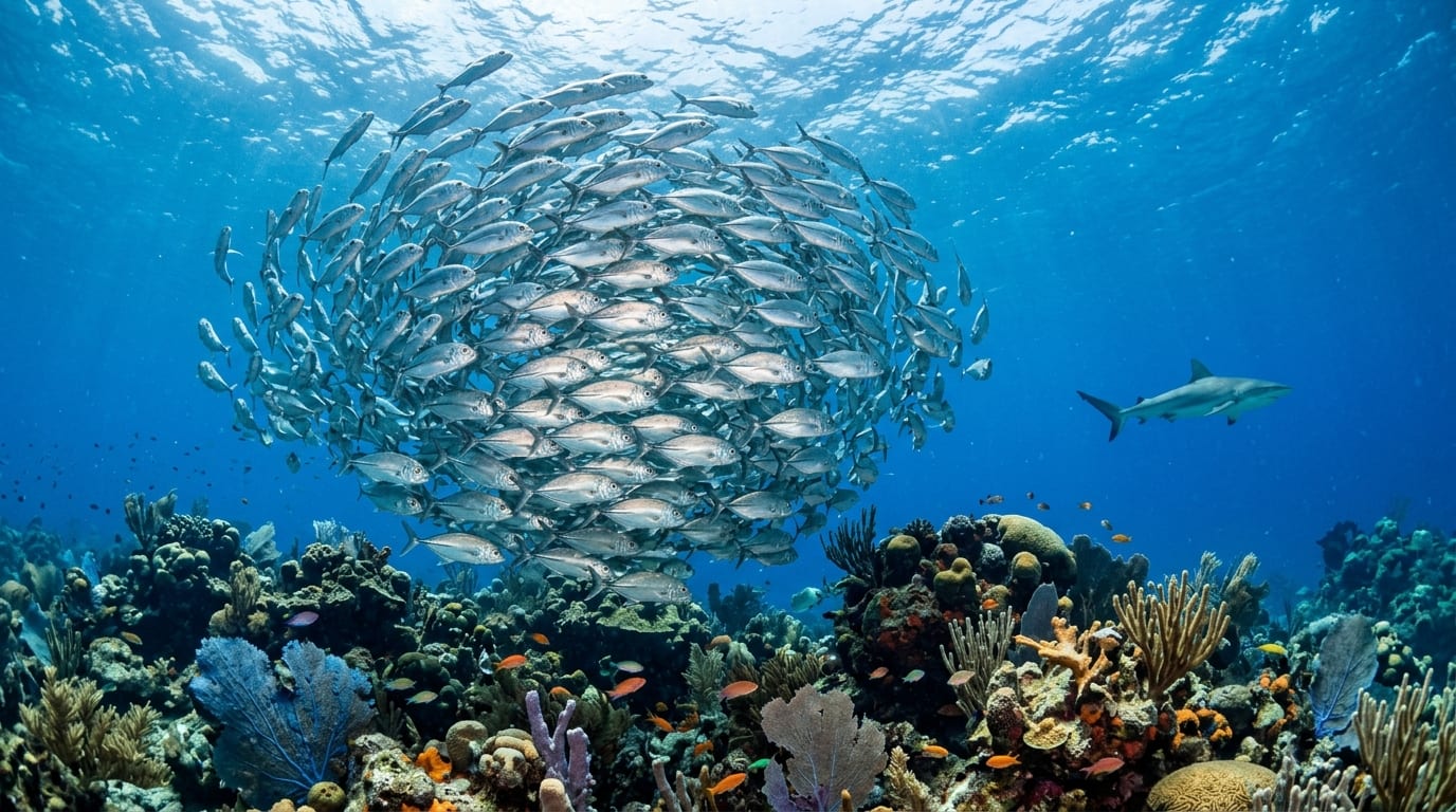 School of horse-eye jacks swirling above coral heads at Barracuda Heads dive site with a reef shark in the background