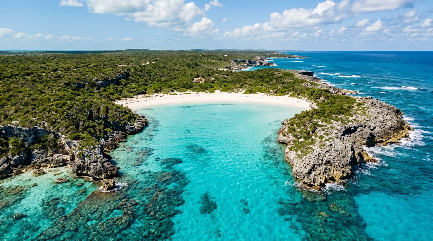Calm turquoise water of Ben Bay with rocky reef walls visible at the edges of the protected horseshoe beach