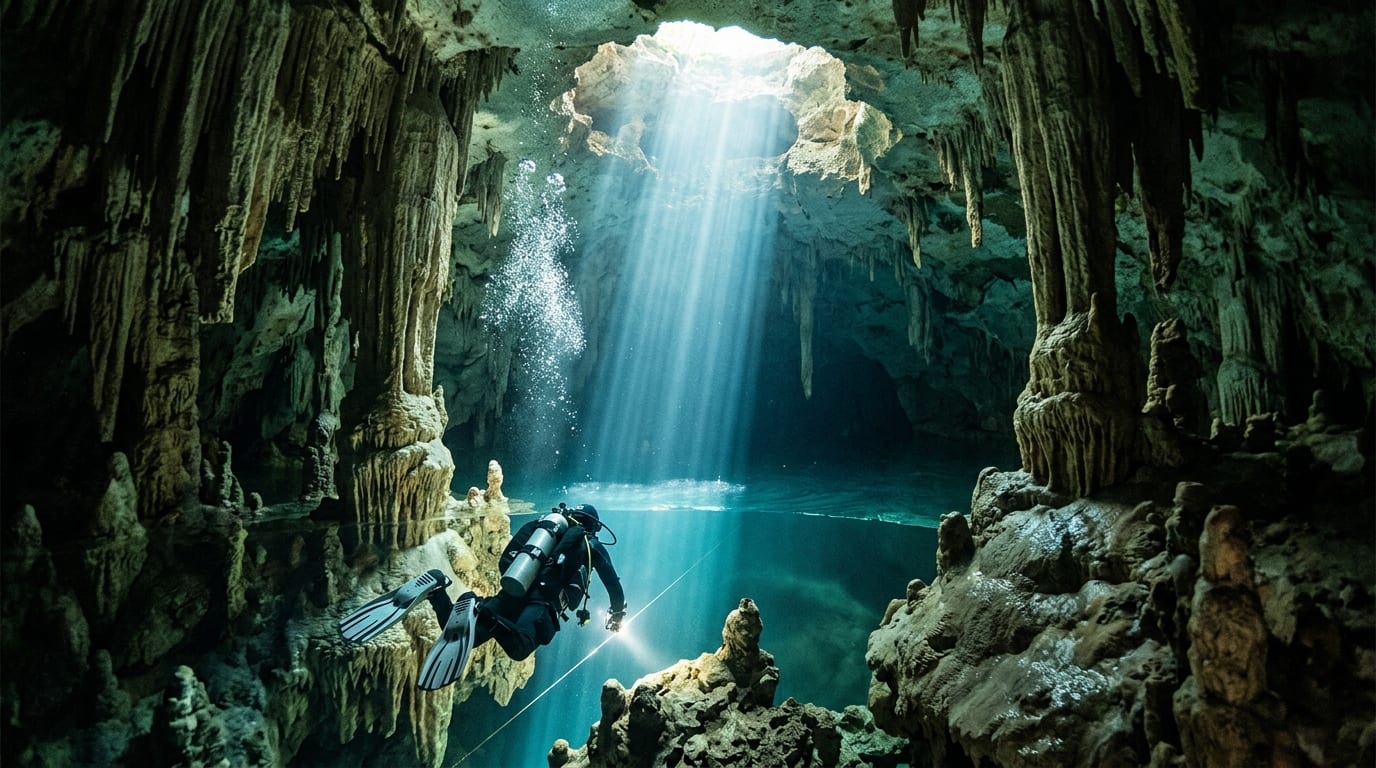 Diver descending into Ben's Cavern blue hole with sunlight streaming through the entrance and stalactites visible on walls