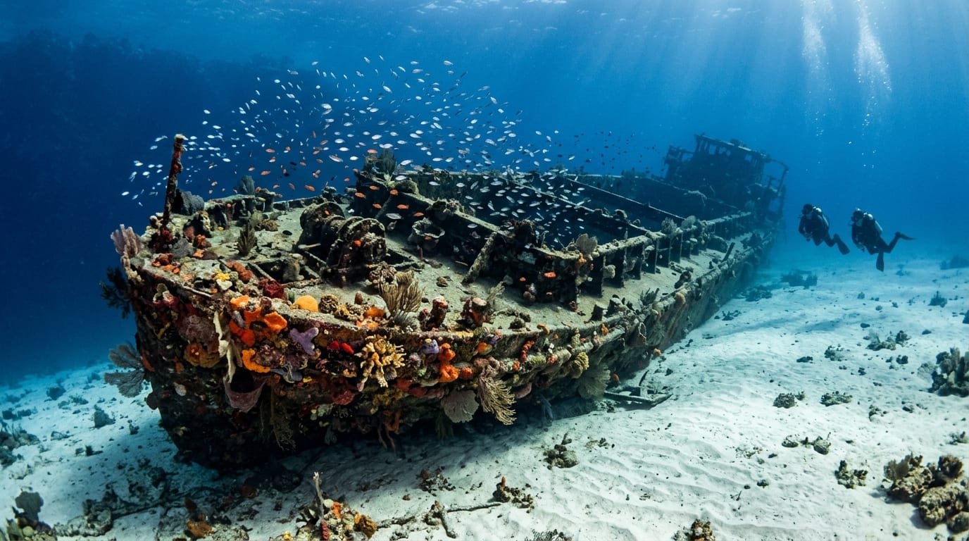 Steel hull of the Bimini Barge wreck covered in colorful sponges and corals, with a school of fish swimming above the deck in deep blue Bahamian water
