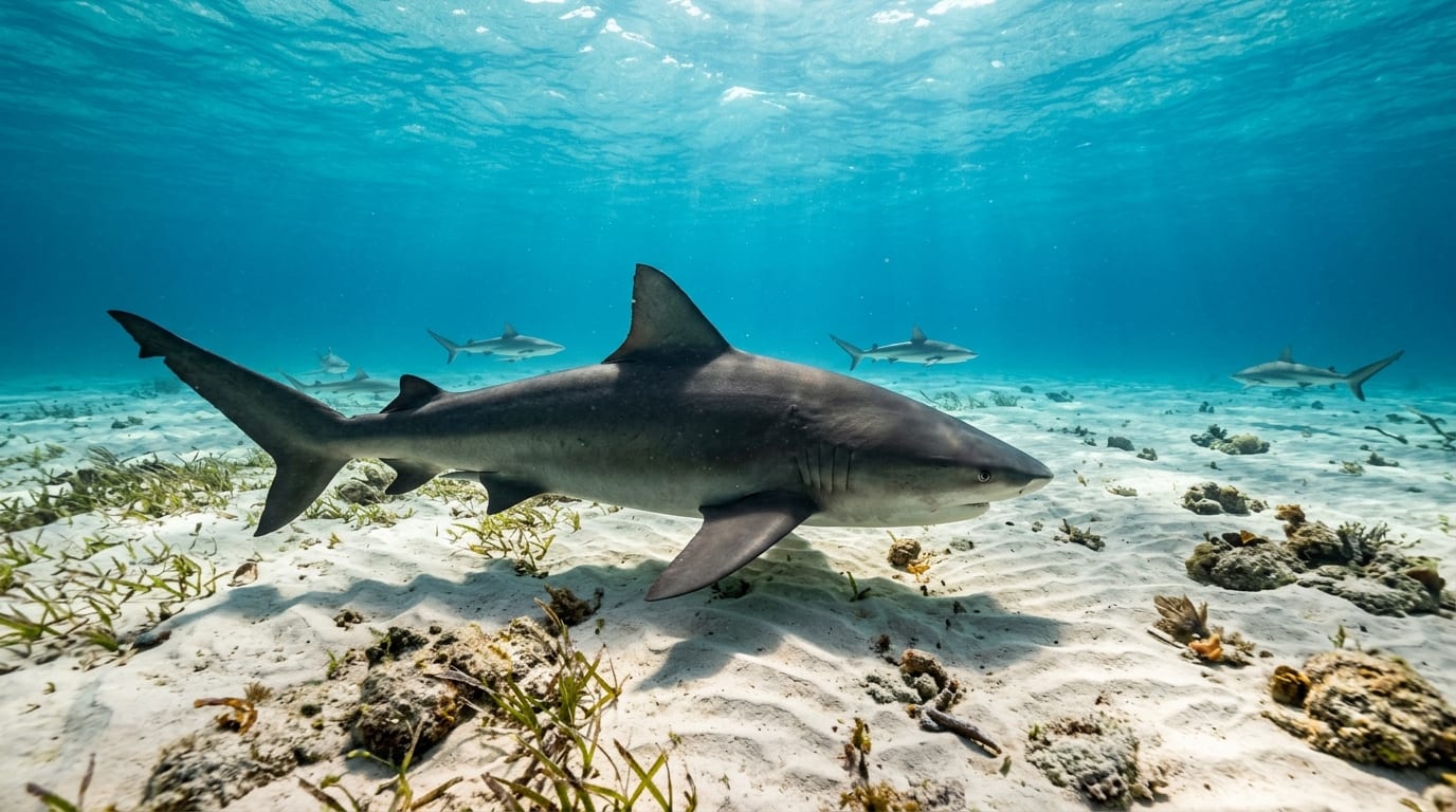 Large bull shark swimming over sandy bottom at Bull Run with smaller sharks visible in the shallow clear Bimini water