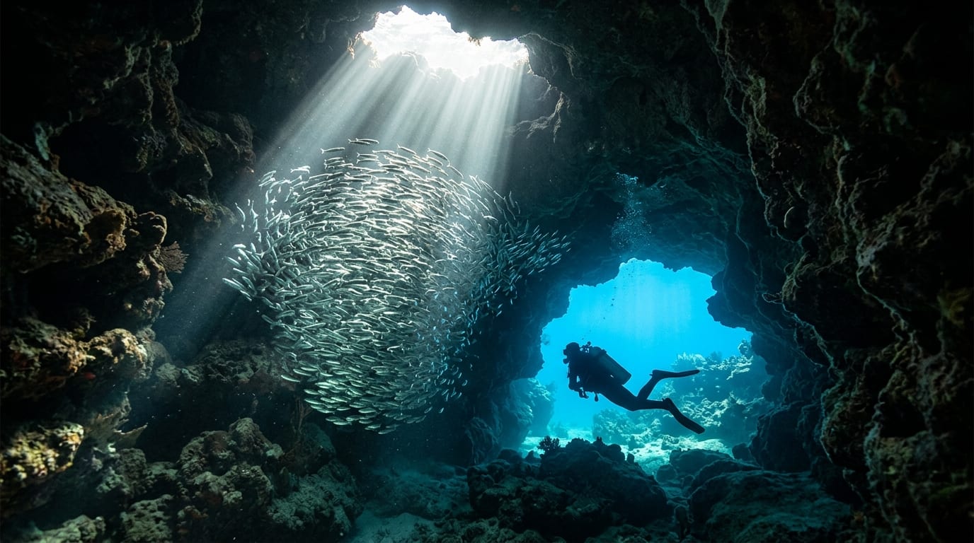 Scuba diver swimming through underwater cave passage with dramatic sunbeams piercing darkness and school of silversides swirling