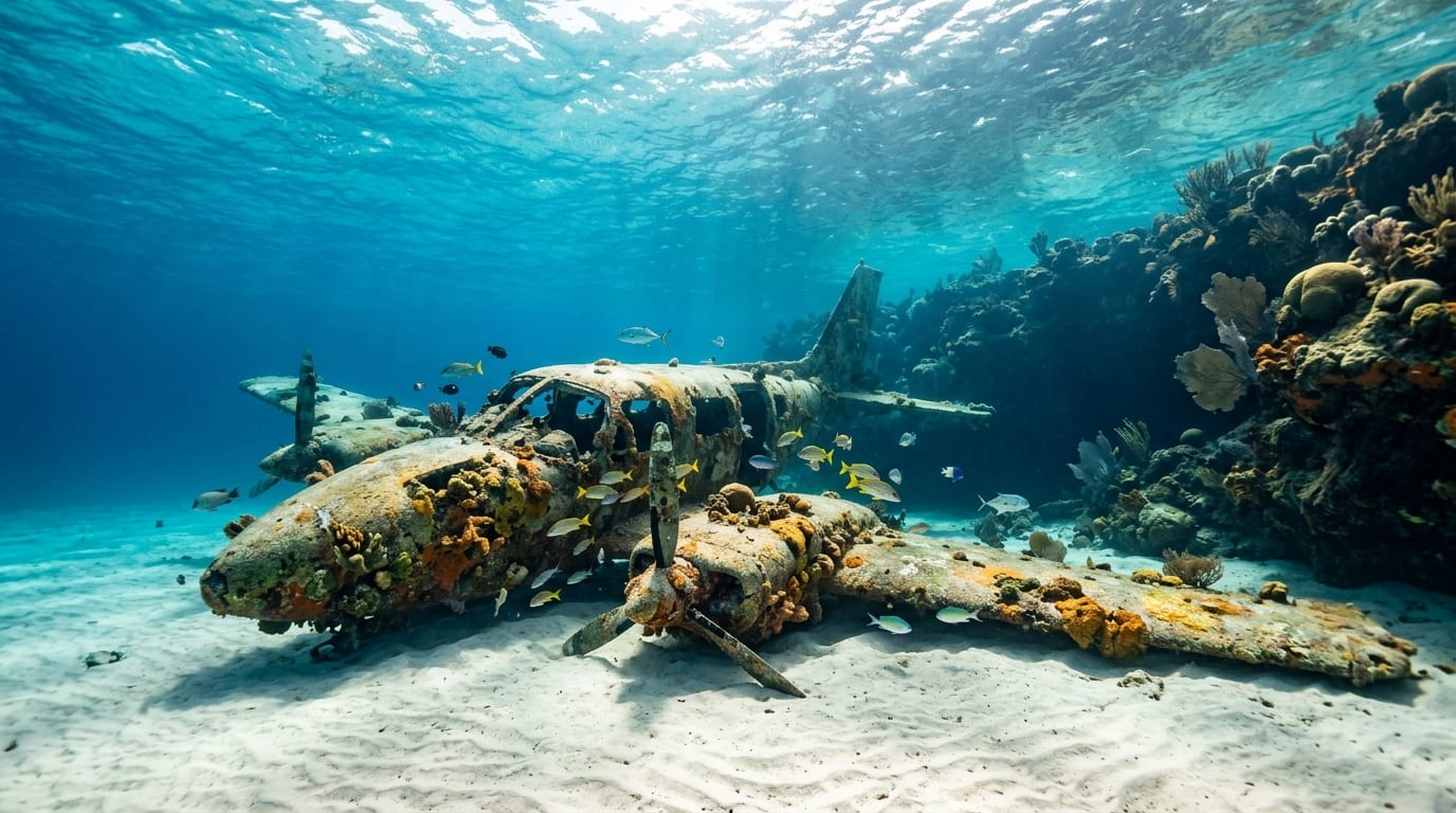 The twisted fuselage of a small aircraft wreck resting on the sandy bottom near Nassau with reef fish swimming around it