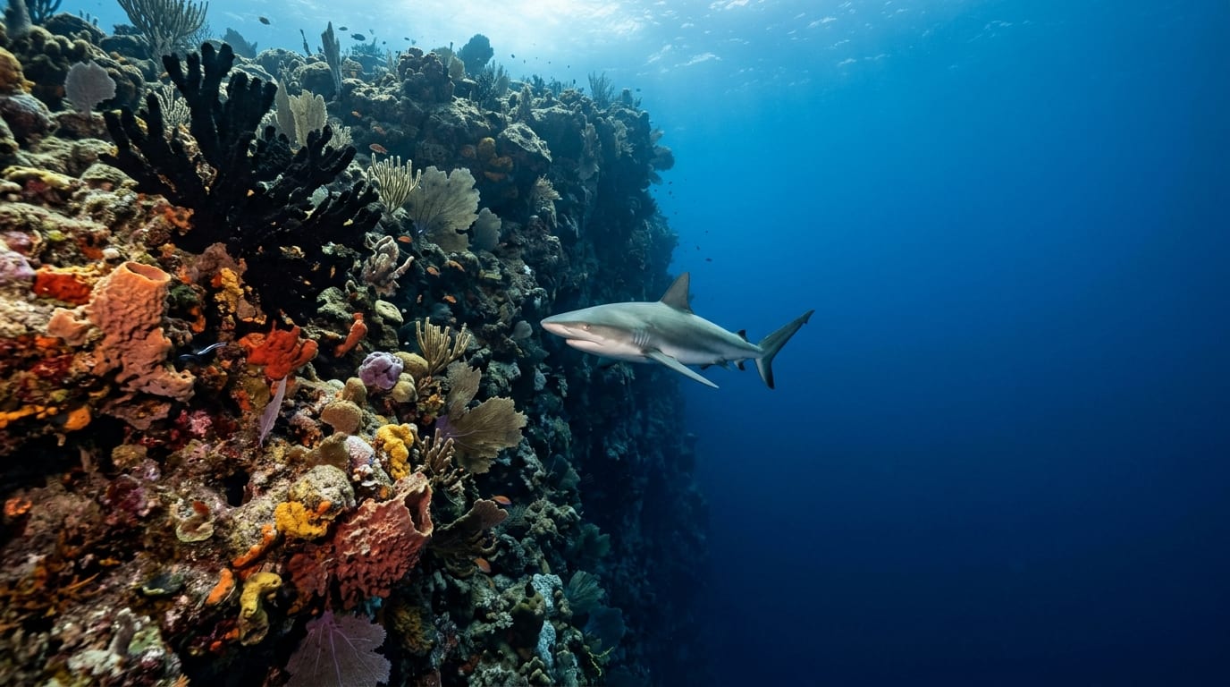 Caribbean reef shark swimming along Chub Cay Wall with black coral visible on the vertical reef face dropping into deep blue water
