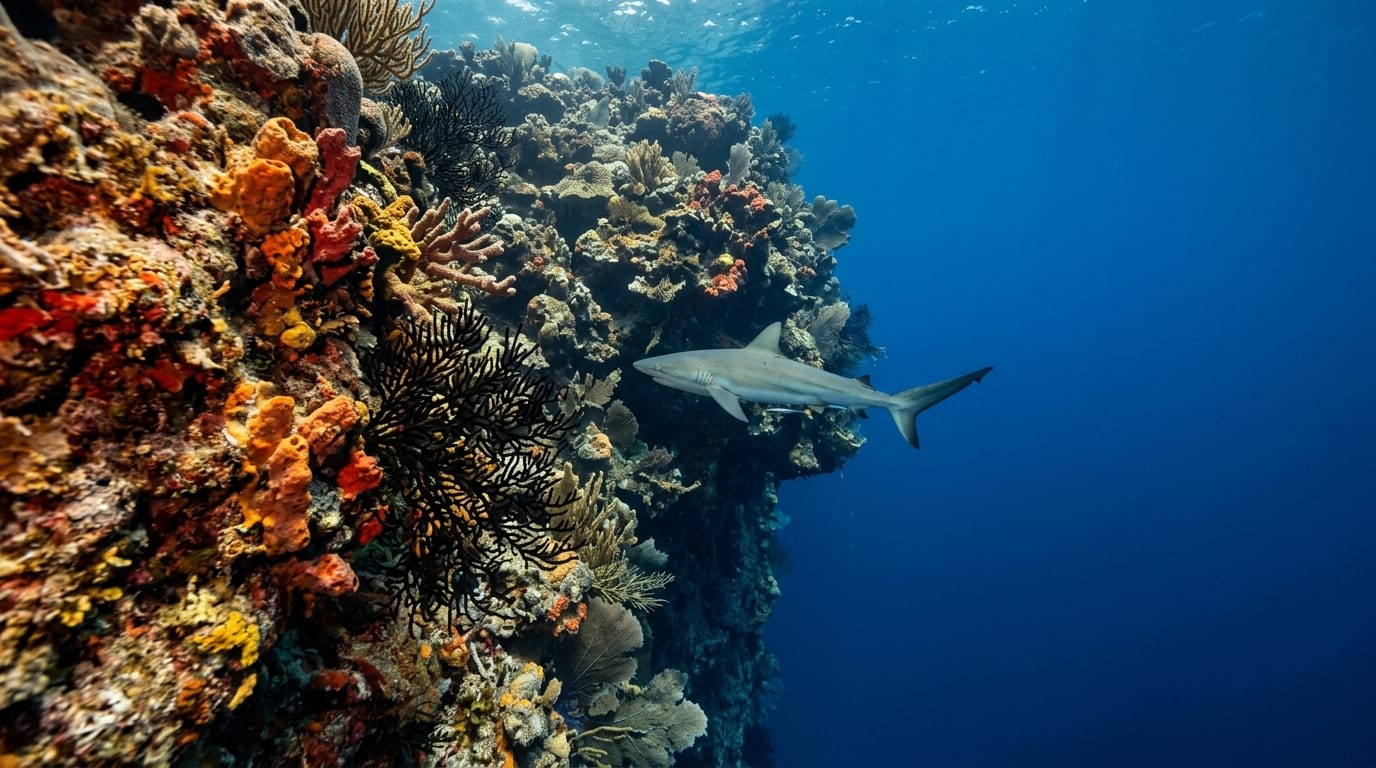 A dramatic vertical wall covered in corals dropping into deep blue water at Chub Cay in the Berry Islands