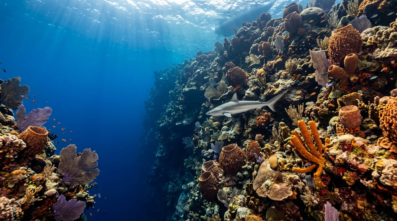 Underwater view of the Conception Island Wall showing massive barrel sponges and sea fans along the sheer coral cliff face descending into blue depths