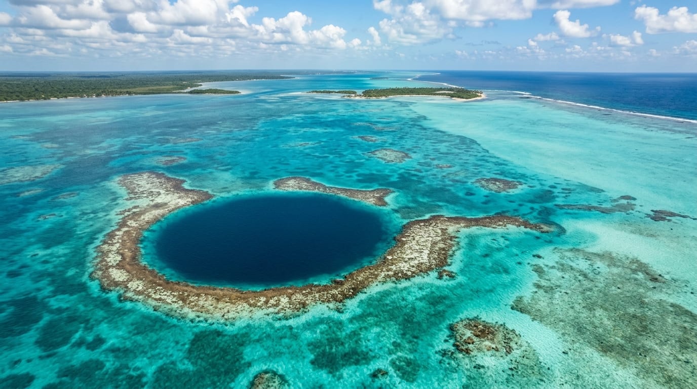 Aerial view of Conch Sound Blue Hole near North Andros showing the dark blue circular entrance in shallow turquoise water