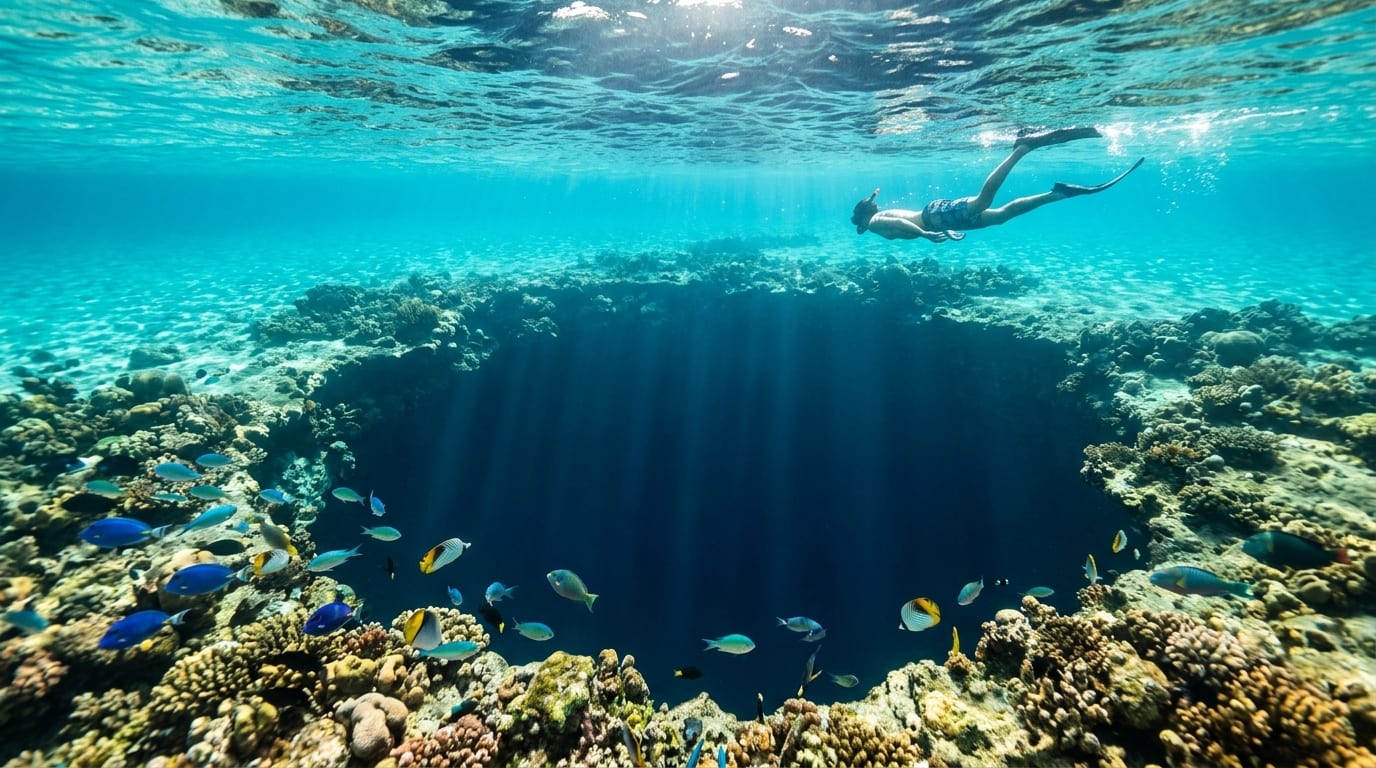 The distinctive blue coloration of Conch Sound Ocean Hole visible in turquoise Bahamian waters with snorkelers approaching