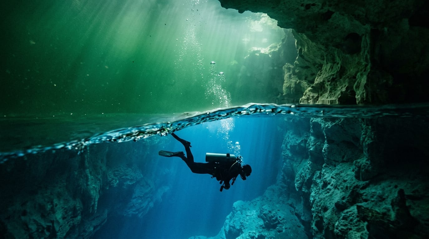 Diver descending through the halocline layer at Cousteau's Blue Hole where murky green water gives way to crystal blue depths below