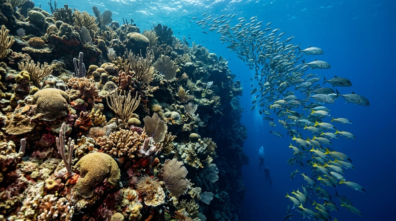 Pristine coral wall dropping into deep blue water at Crooked Island with healthy coral formations and schooling fish