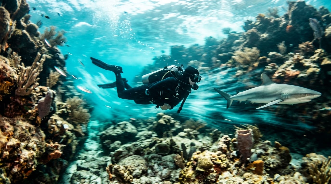 Diver being swept through the narrow Current Cut channel with reef sharks visible in the fast-moving water