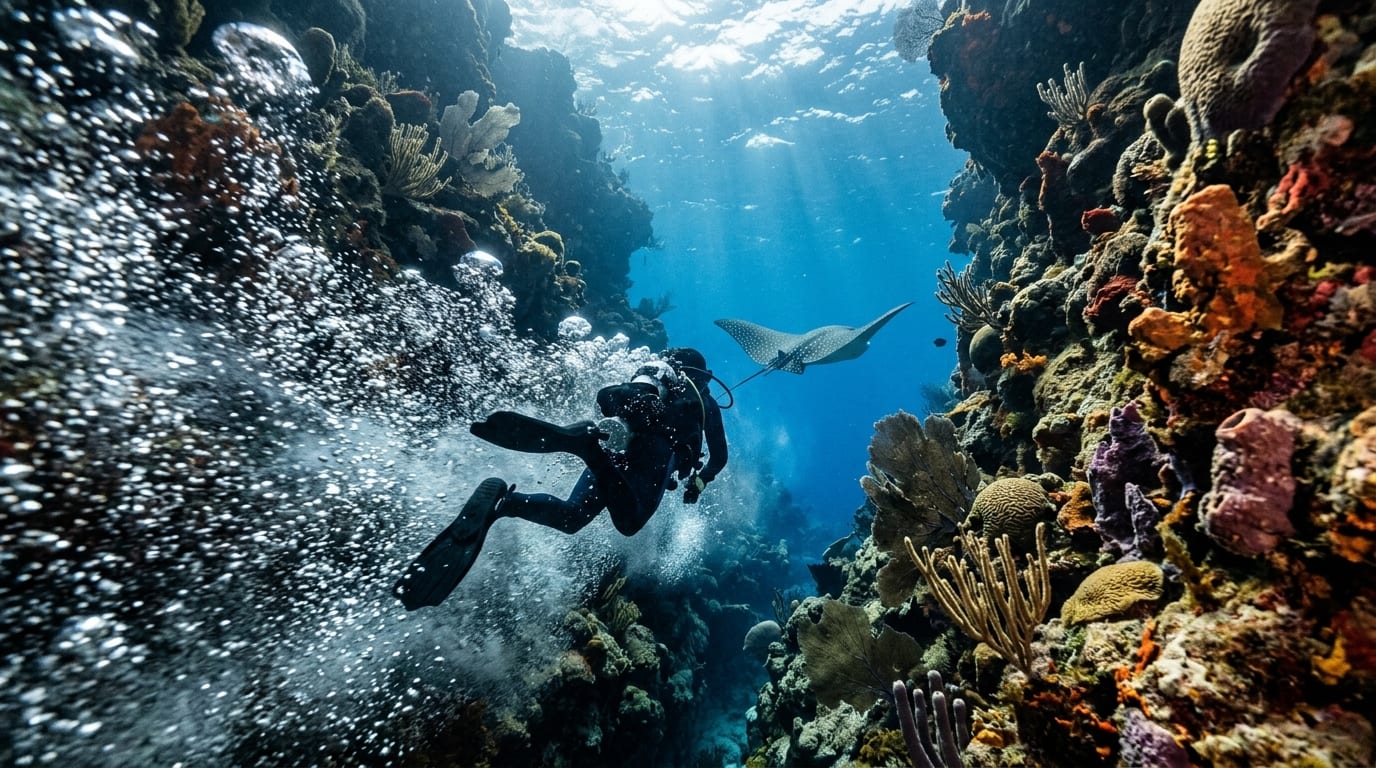 Diver surrounded by bubbles flying through underwater channel with eagle ray visible in blue water ahead and coral walls on sides