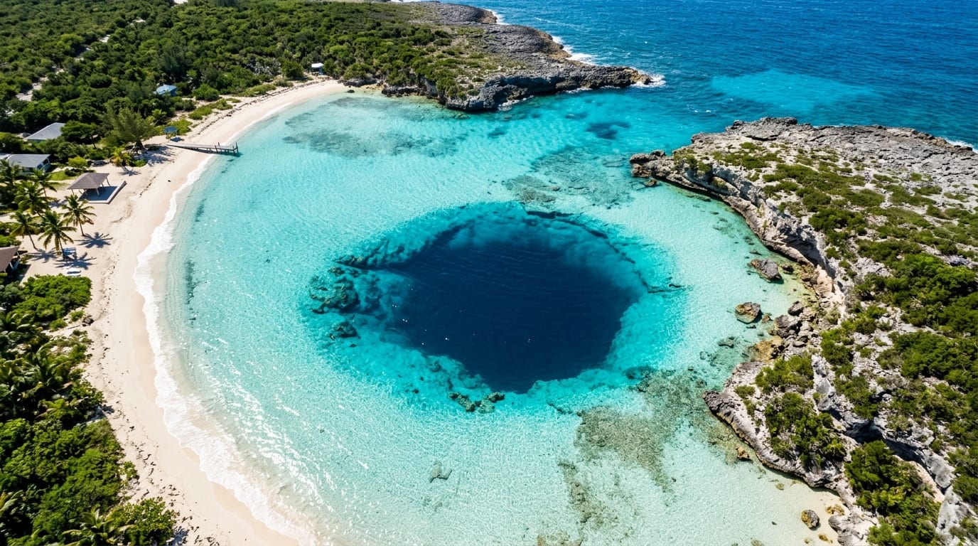 Aerial view of Dean's Blue Hole showing the dramatic contrast between turquoise shallows and the dark blue circular abyss surrounded by white sand beach