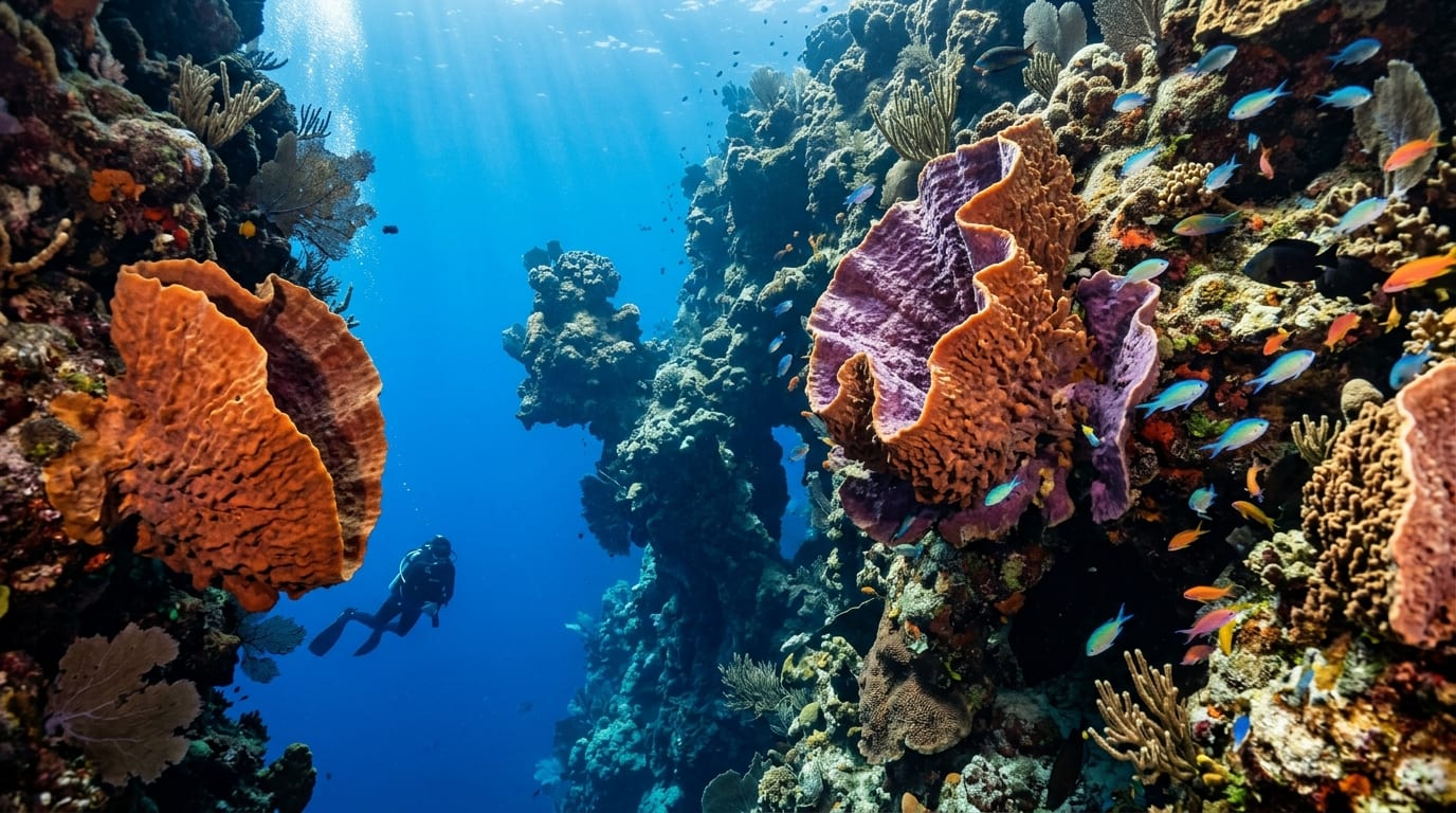 Dramatic underwater wall with large elephant ear sponges and crevices cutting through coral formations