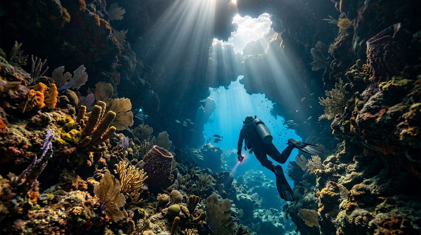 Sunlight streaming through a cavern passage at Diana's Dungeons with coral-covered walls and a diver silhouette visible