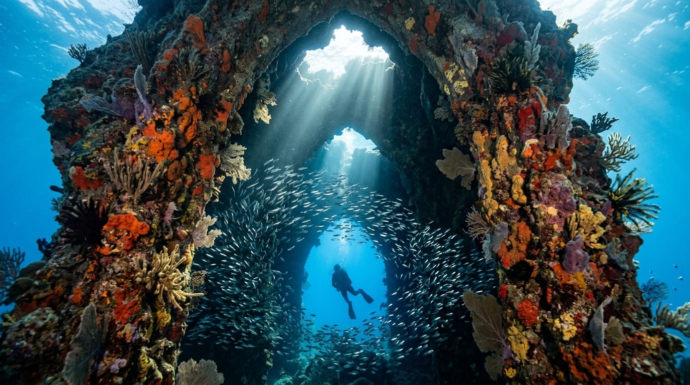 Diver swimming through The Cathedral passage at Dog Rocks Reef with sunlight streaming through coral formations above