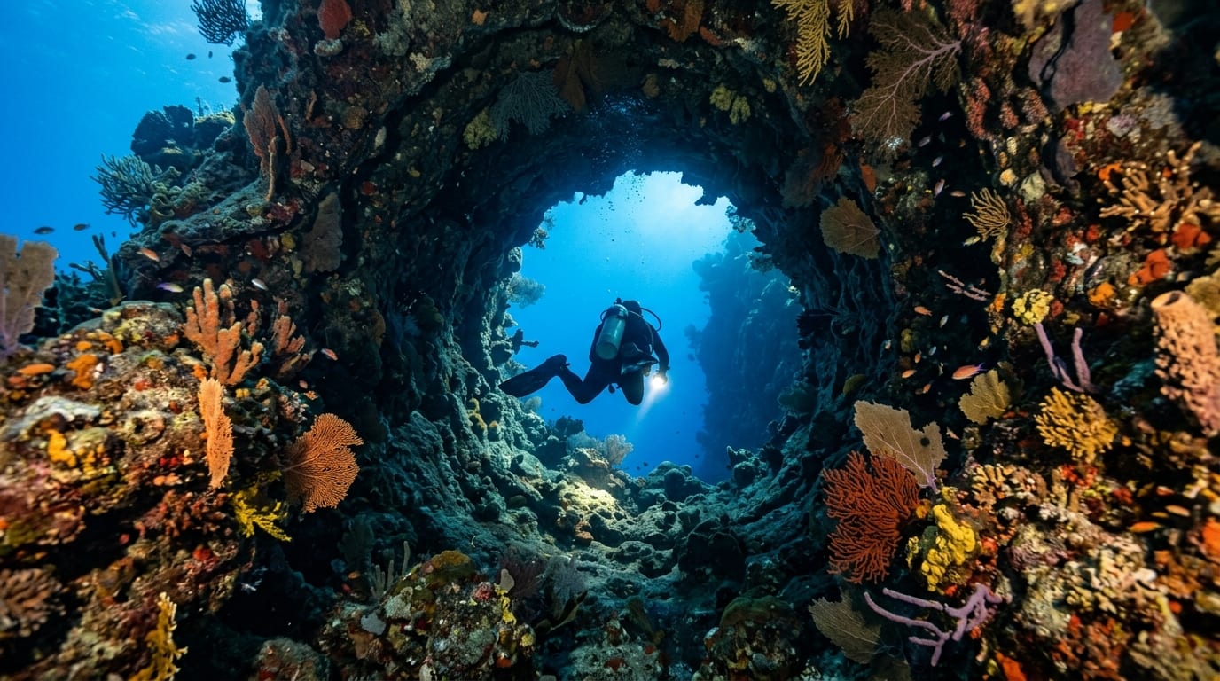 Diver swimming through a coral tunnel at Dolittle's Grotto with sunlight filtering through the passage opening