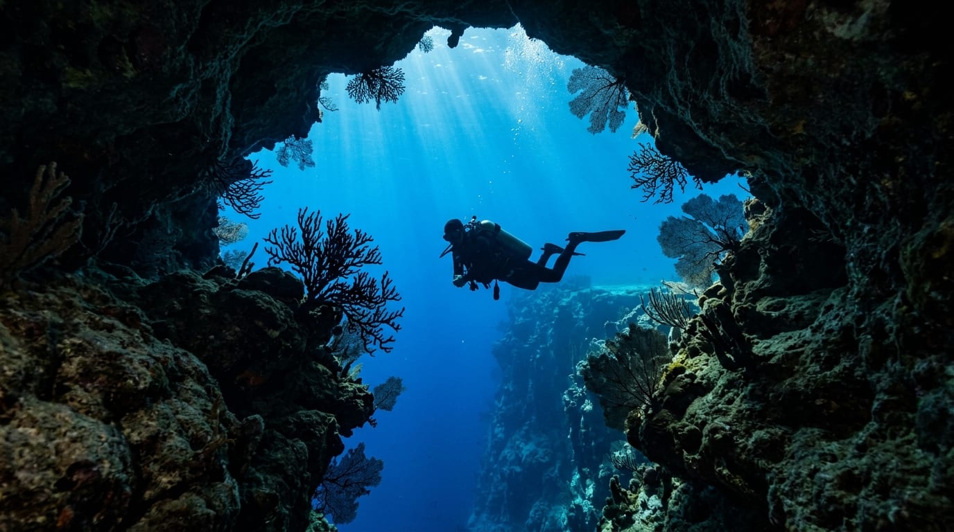 Diver silhouetted at the exit of an underwater cave passage emerging onto a dramatic coral wall in clear blue water