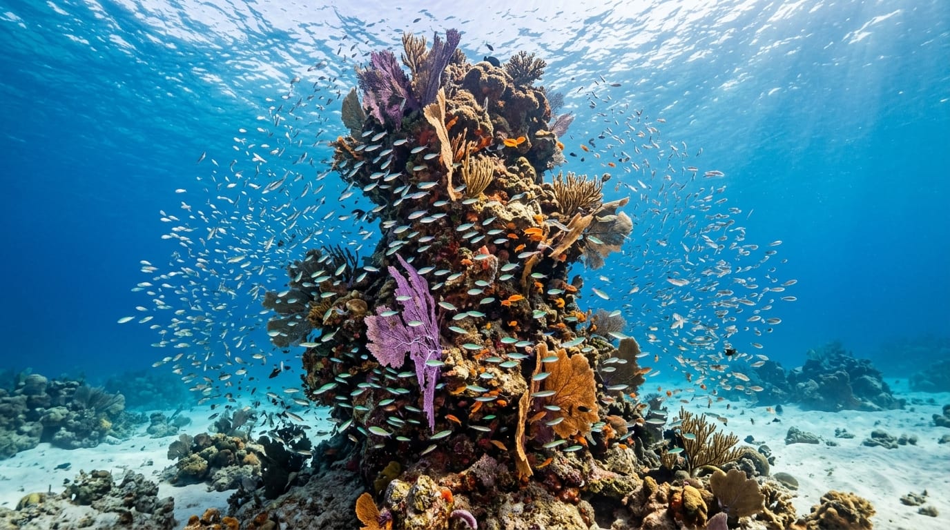 Coral pinnacle covered in colorful gorgonians with school of creole wrasse swirling around the formation