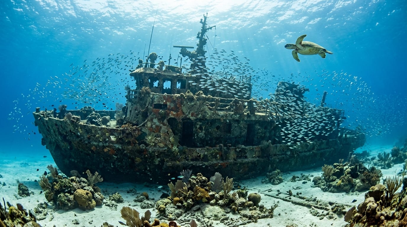 The car ferry Etheridge wreck resting on the seabed with a sea turtle swimming above the coral-covered structure
