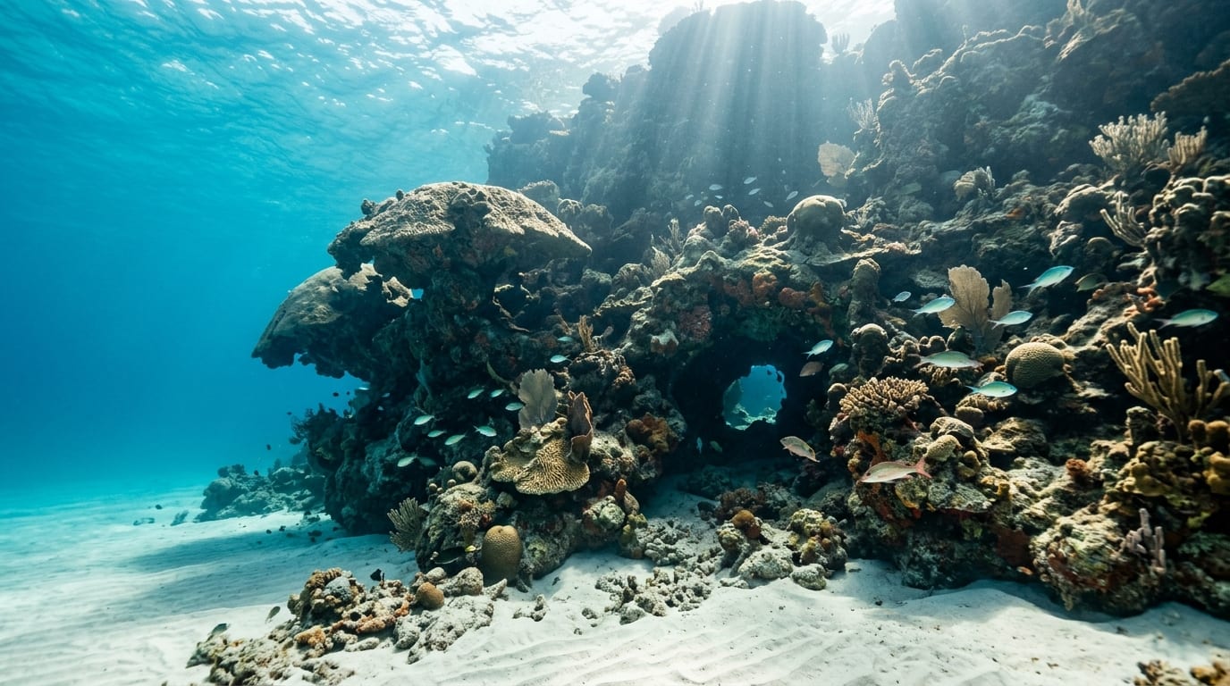 Dramatic coral wall rising from sandy bottom at Grand Canyon dive site with overhanging ledges and clear blue water