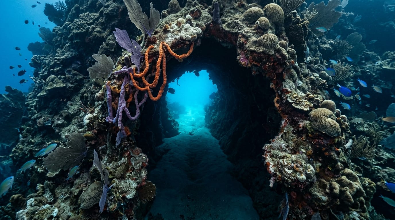 Underwater tunnel entrance marked by rope sponges with blue water visible through the passage