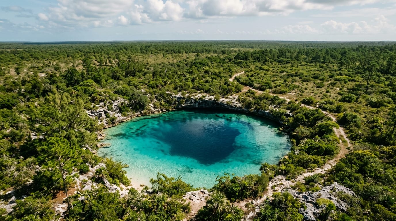 Entrance to the Guardian Blue Hole in South Andros with dark cave opening visible beneath the limestone surface and clear water below