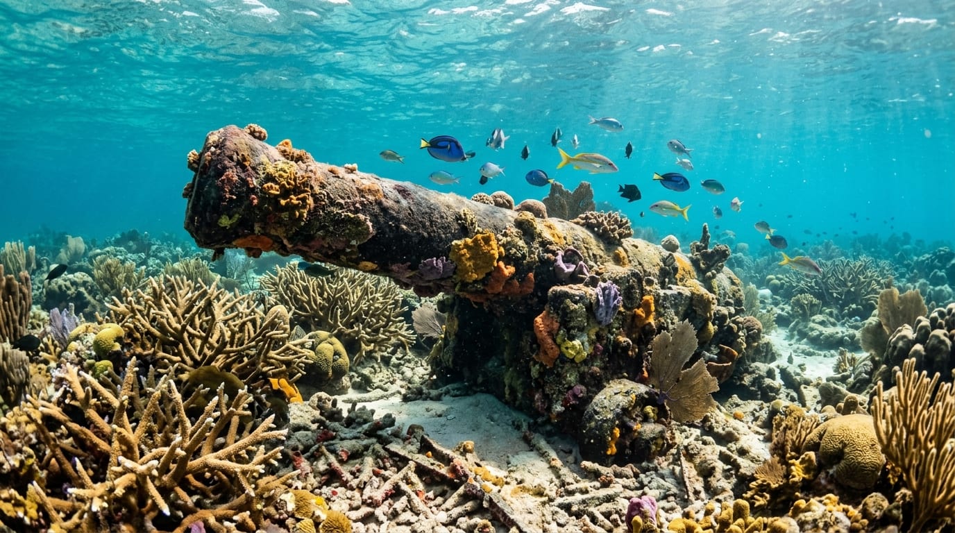 Coral-encrusted cannon from HMS Conqueror wreck with tropical fish swimming above the historic artifact