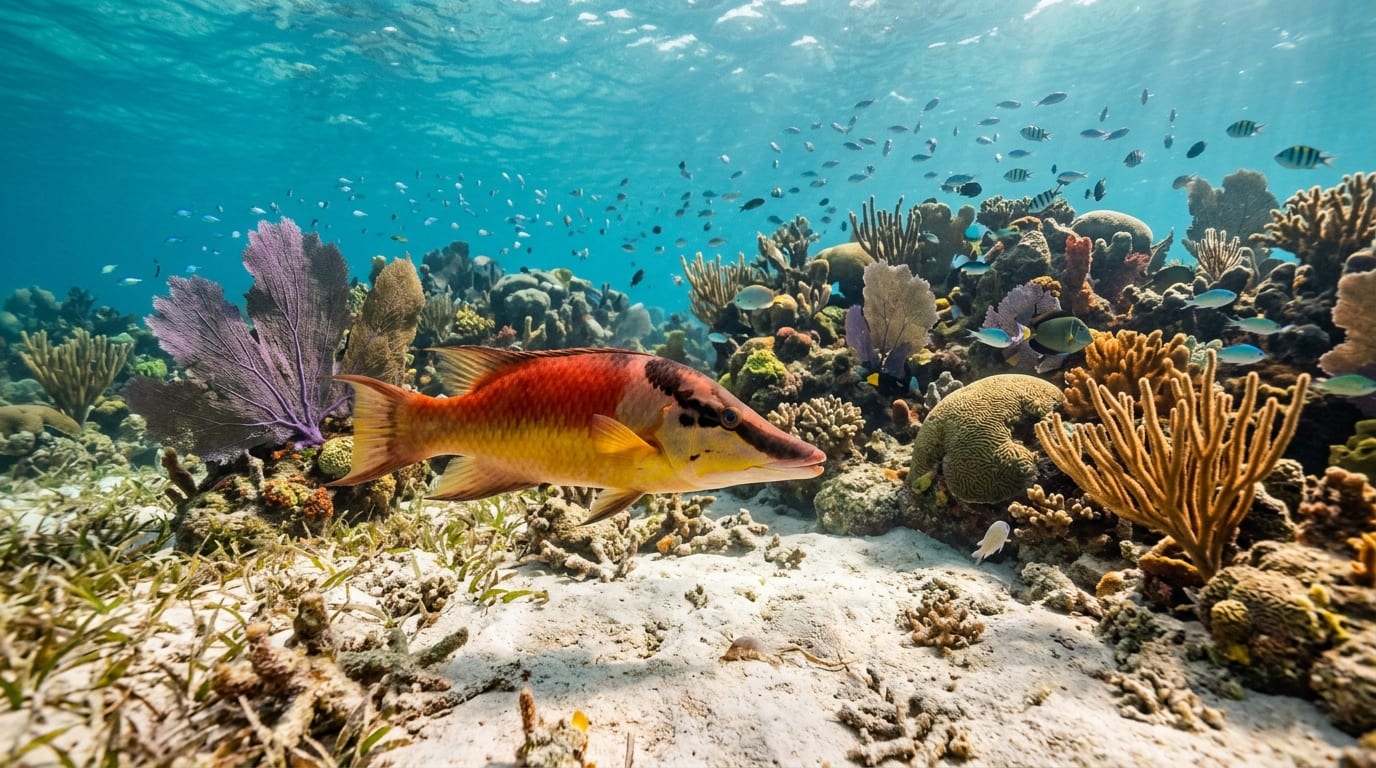 Hogfish swimming over sandy bottom near colorful coral reef with sea fans and gorgonians in background