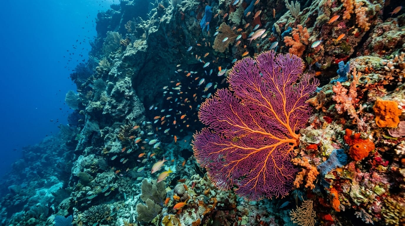 Massive gorgonian sea fan on a coral wall with a natural indentation visible in the reef behind