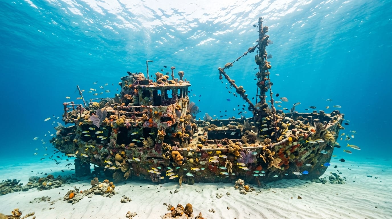 The coral-encrusted hull of the Tears of Allah tugboat resting on the sandy seabed near Nassau, Bahamas