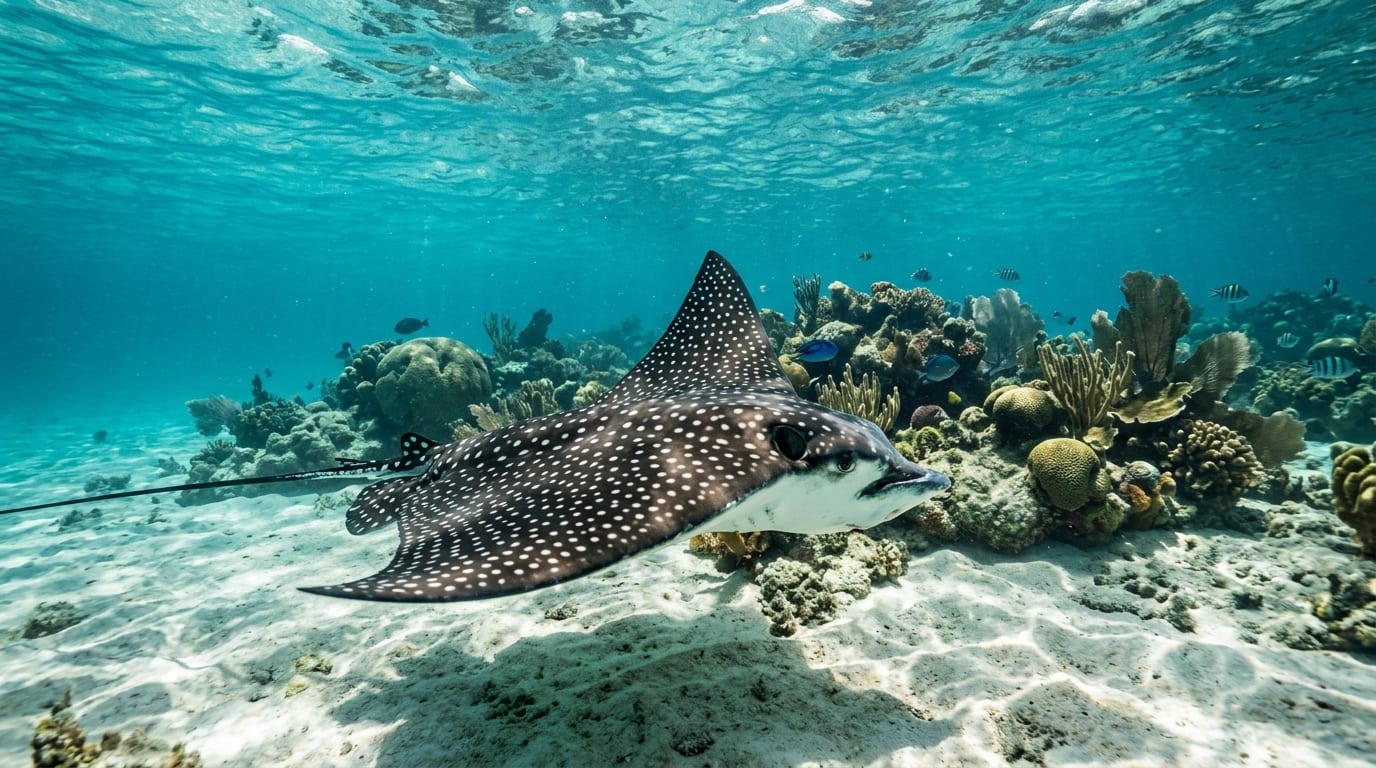 Spotted eagle ray gliding over sandy bottom near healthy coral heads at Judy's Reef in the Exuma Land and Sea Park