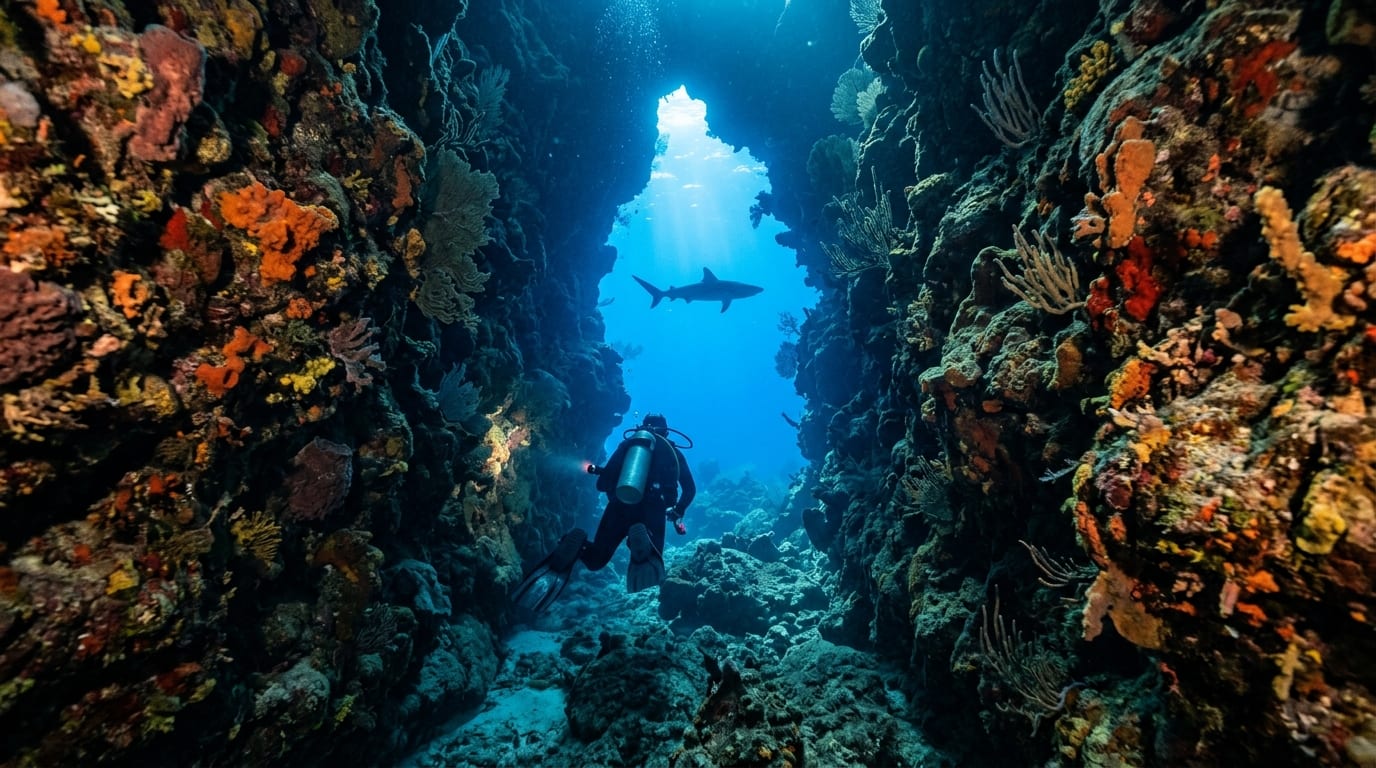 Diver navigating through a coral canyon at Little Caverns with Caribbean reef shark visible in the blue water beyond