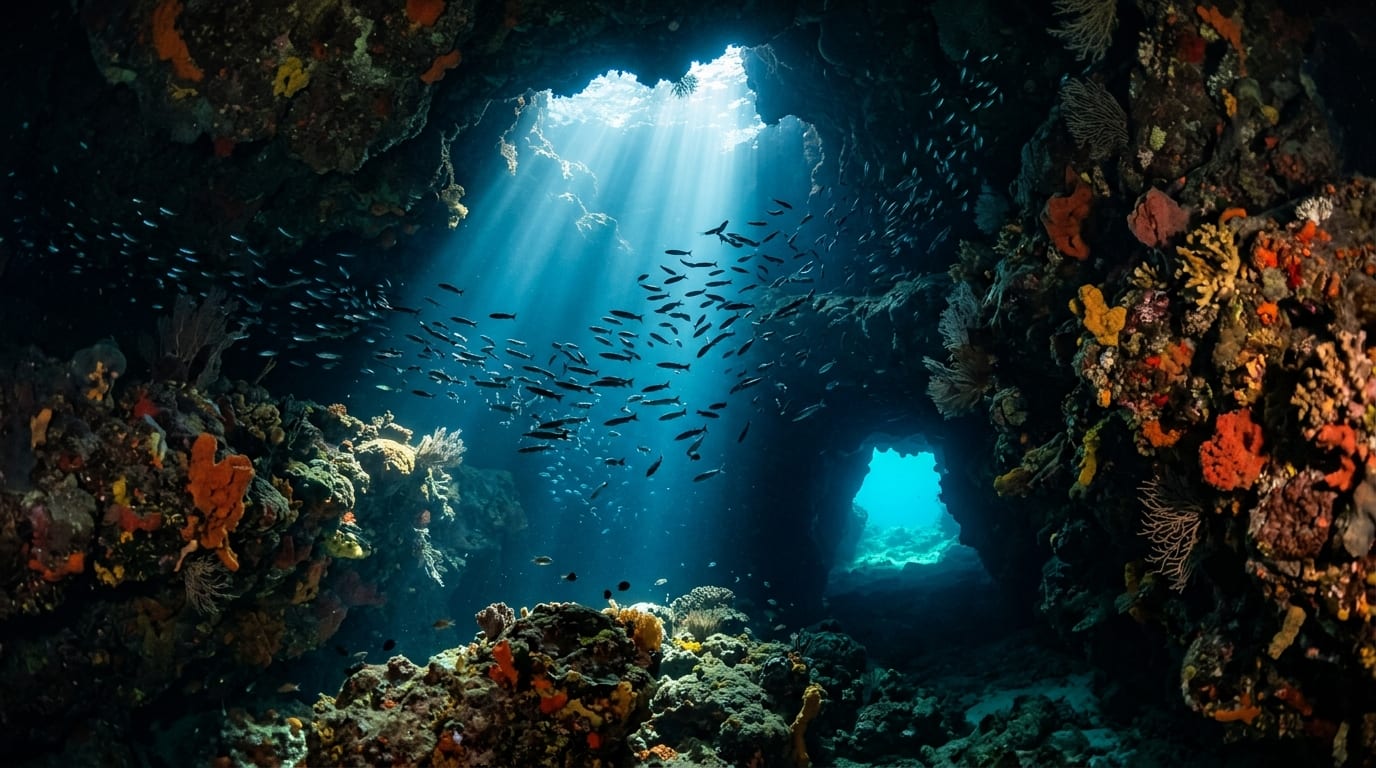 Sunlight beams penetrating through a coral cavern opening with schools of fish silhouetted against the light