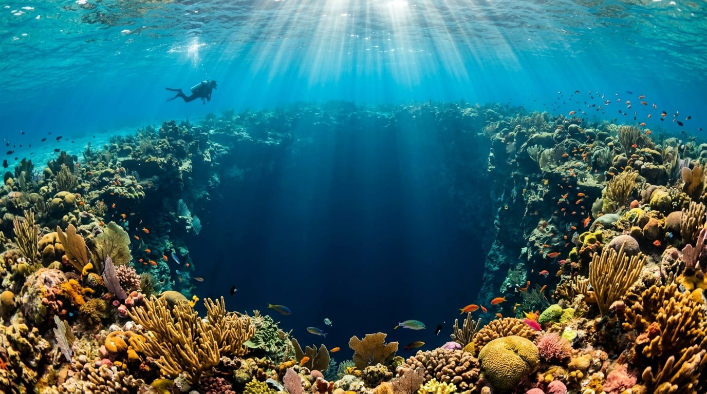 A scuba diver descends along the coral-covered rim of the Lost Blue Hole near Nassau, with the deep blue abyss visible below