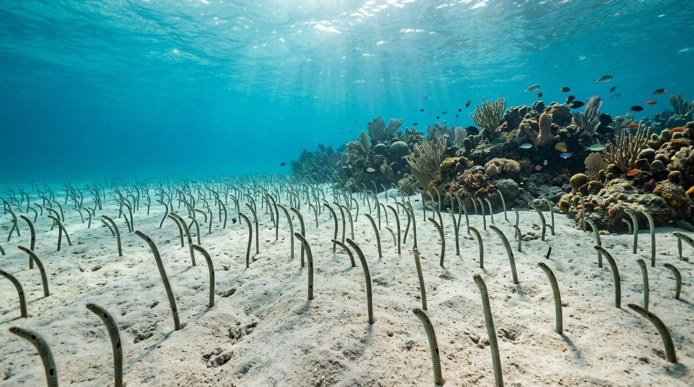 Hundreds of spotted garden eels emerging from sandy seafloor at Mama Rhoda Reef in the Berry Islands
