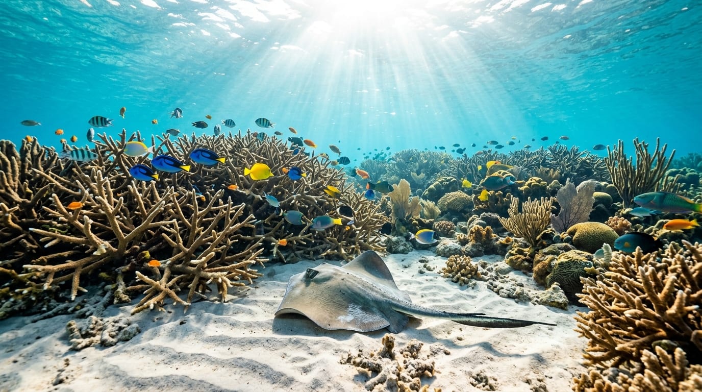 Healthy staghorn coral formations at Mamma Rhoda Reef with colorful reef fish and a stingray resting on the sandy bottom