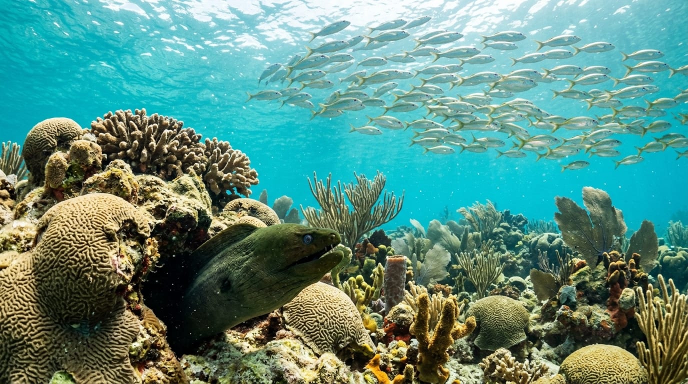 Green moray eel peering from coral crevice at Mermaid Reef with school of snappers swimming above star coral formations