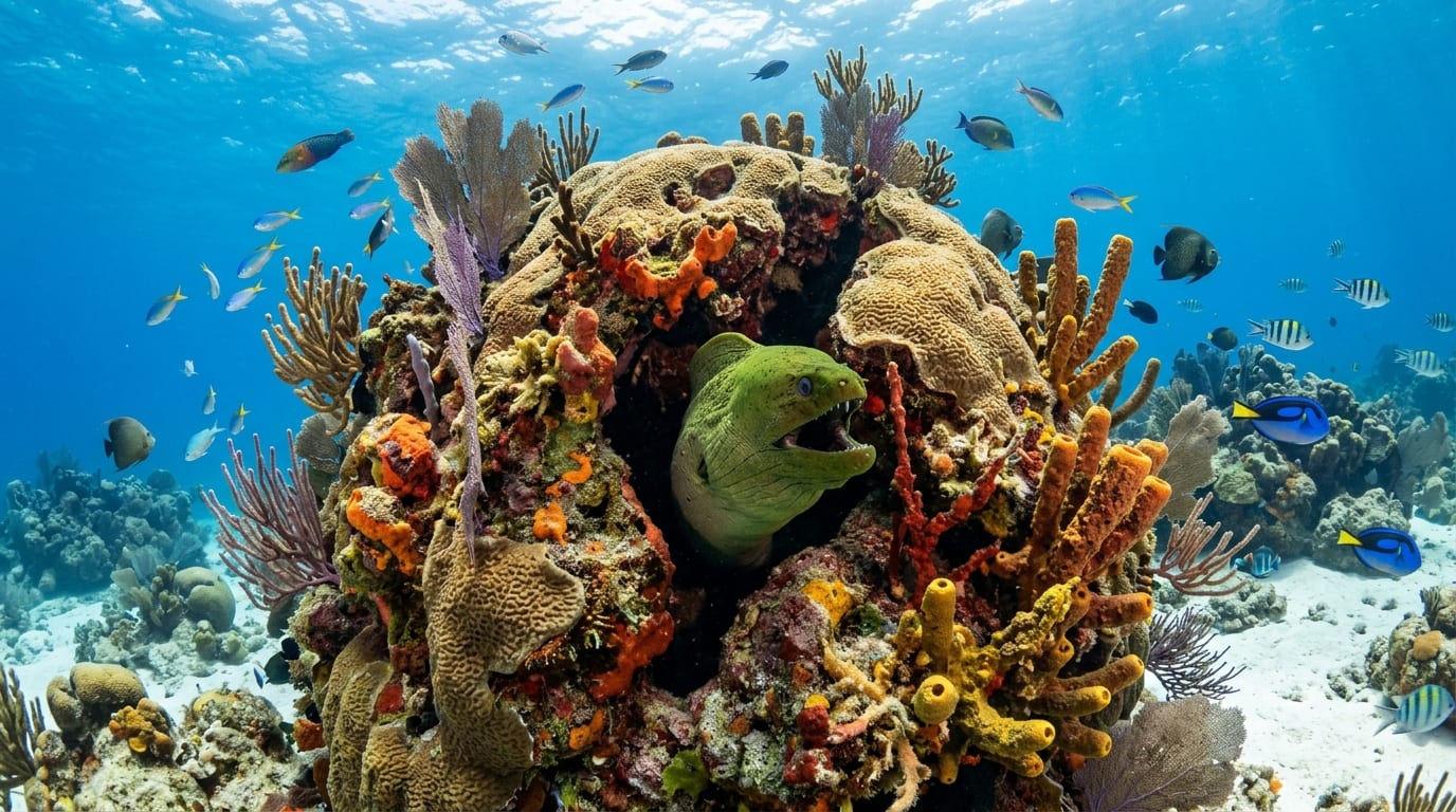 A green moray eel peering from a crevice in a massive boulder star coral formation on Grand Bahama's reef